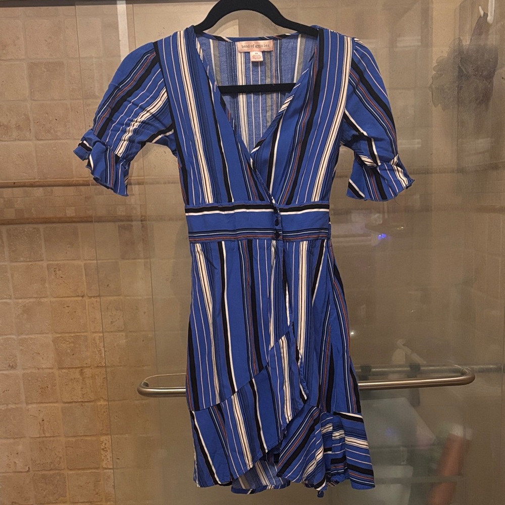 Band of Gypsies Blue and White Striped Asymmetrical Wrap Dress